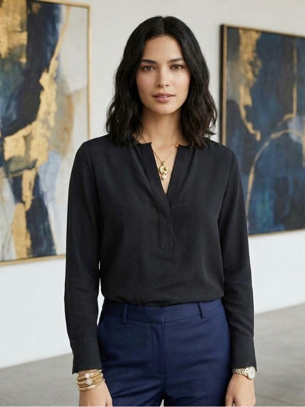 Vince Black V-Neck Long-Sleeve Blouse